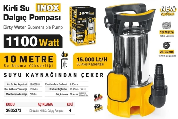 SGS5373 - 10 Metre Kirli Pis Su Çekme Paslanmaz Dalgıç Pompa 1100 Watt - 2