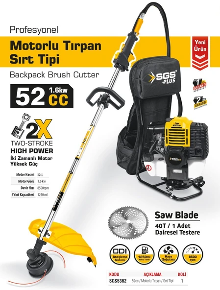SGS5362 - Profesyonel Benzinli Motorlu Sırt Tırpanı Makinesİ 52 cc - 2
