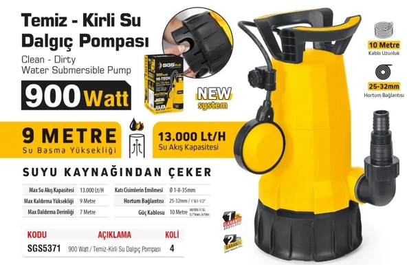 SGS5371 - 9 Metre Temiz ve Kirli Su Dalgıç Pompası 900 Watt - 2
