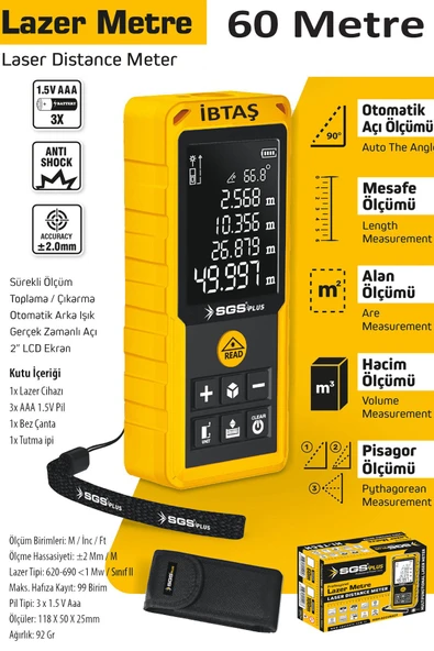 SGS5425 - 60 Metre Lazer Metre Mesafe Ölçer (Pisagor - Alan - Hacim - Mesafe - Otomatik Alçı Ölçümü) - 2