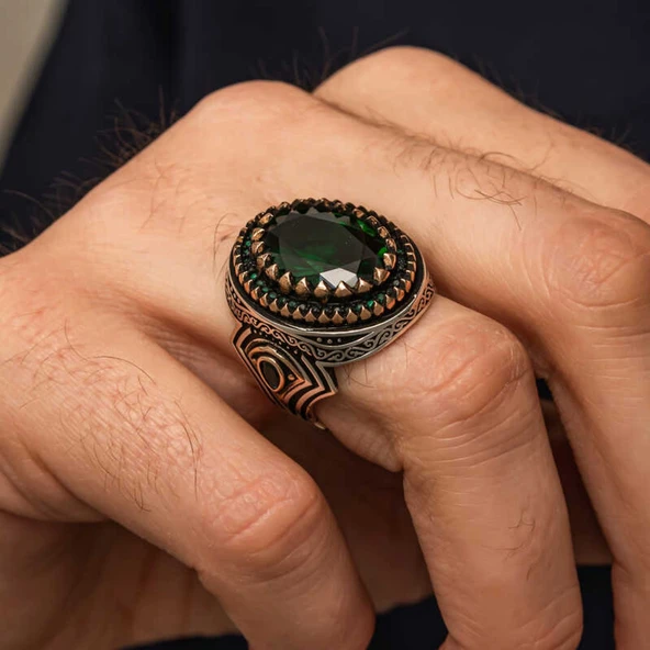 Lucky Life Gümüş Yeşil Zirkon Taşlı Erkek Yüzük - 2