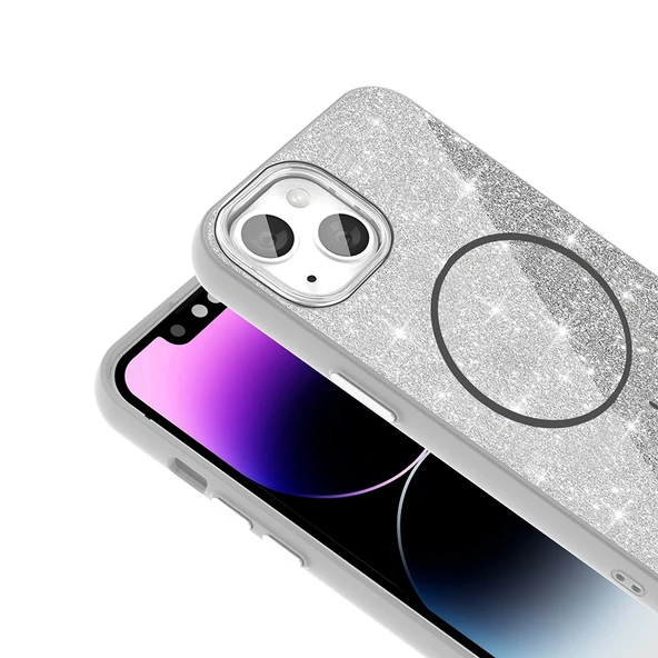 Apple iPhone 13 Kılıf Magsafe Şarj Özellikli Parlayan Simli Redclick Okso Kapak - Resim 12