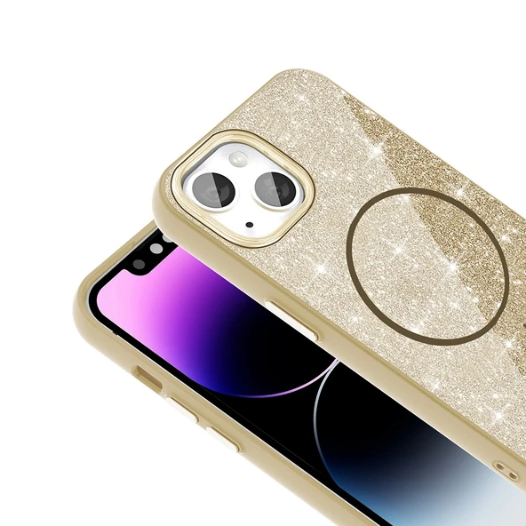 Apple iPhone 13 Kılıf Magsafe Şarj Özellikli Parlayan Simli Redclick Okso Kapak - Resim 10