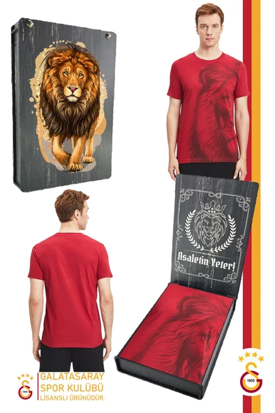 Galatasaray Orijinal Lisanslı Aslan Baskılı T-Shirt Gs Aslan Baskılı Hediyelik Ahşap Kutulu