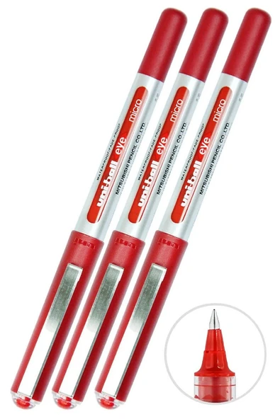 Kırmızı Pilot Kalem 3 Adet Uniball Eye Mikro 0.5 mm Roller Pilot Kalem Ub-150 Roller Uçlu Likit Mürekkepli Pilot Kalem