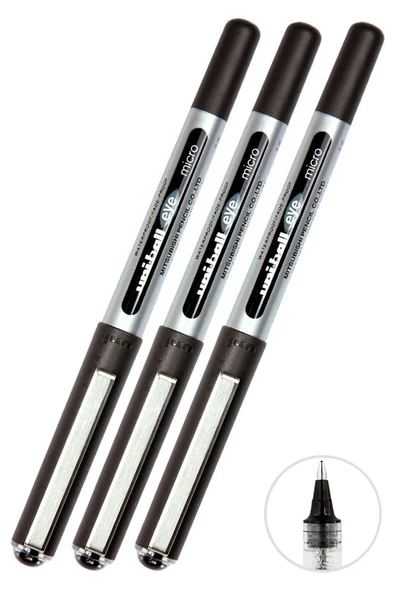 Siyah Pilot Kalem 3 Adet Uniball Eye Mikro 0.5 mm Roller Pilot Kalem Ub-150 Roller Uçlu Likit Mürekkepli Pilot Kalem