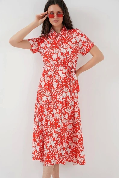 2191 Kısa Kol Desenli Elbise - A.Kırmızı ürün görseli