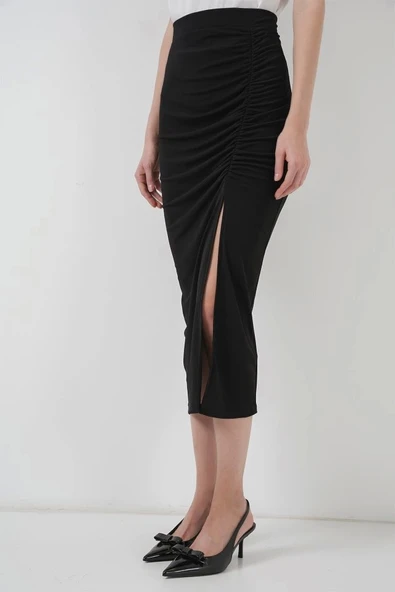 8033 Sandy Yırtmaçlı Etek - Siyah - 4