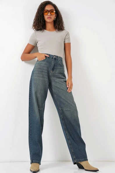 6689 Yüksek Bel Baggy Kot Pantolon - İndigo