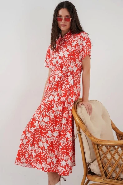 2191 Kısa Kol Desenli Elbise - A.Kırmızı - Resim 4