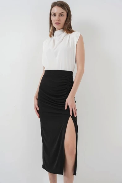 8033 Sandy Yırtmaçlı Etek - Siyah - 3