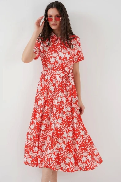 2191 Kısa Kol Desenli Elbise - A.Kırmızı - Resim 3