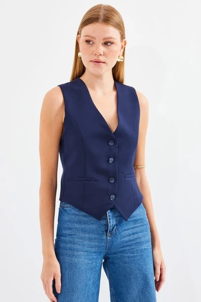 6796 Kısa Dokuma Yelek - Lacivert - Resim 4