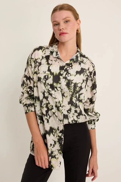 Yeşil Siyah Çiçek Desenli Oversize Saten Gömlek 3985
