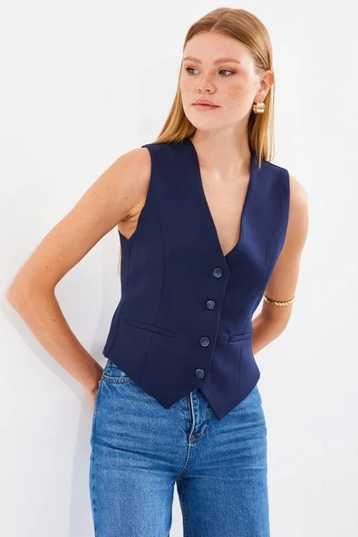 6796 Kısa Dokuma Yelek - Lacivert - Resim 2