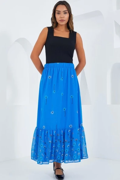 Saks Desenli Şifon Etek 8010