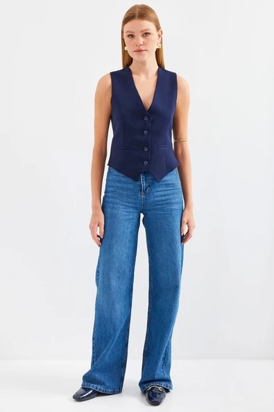 6796 Kısa Dokuma Yelek - Lacivert - Resim 3