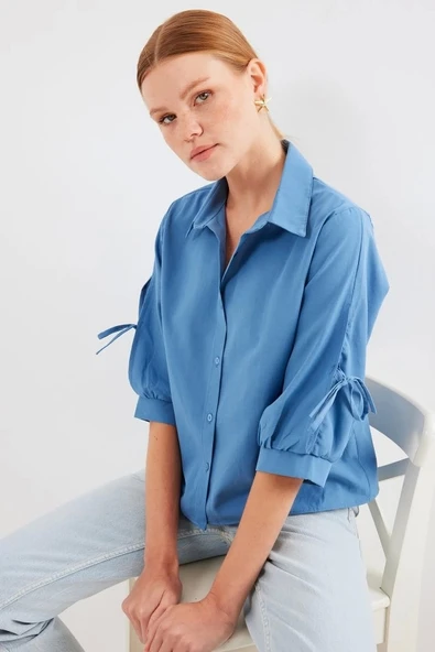 20246 Kol Detaylı Crop Gömlek - İndigo - Resim 3