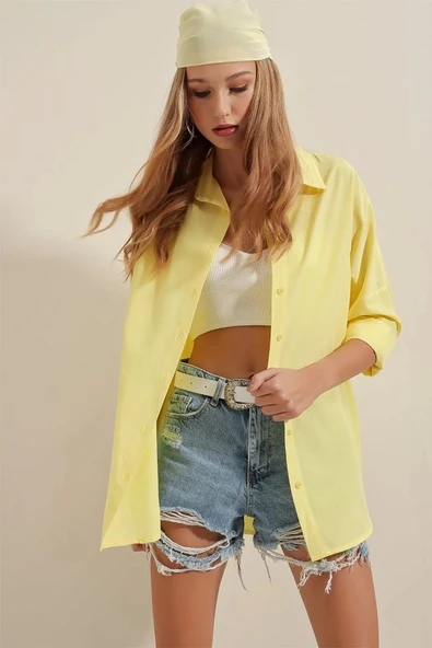 3900 Oversize Uzun Basic Gömlek - Sarı - 4
