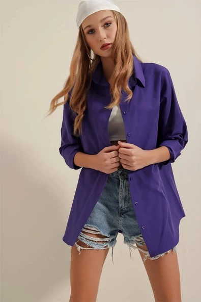 3900 Oversize Uzun Basic Gömlek - Mor