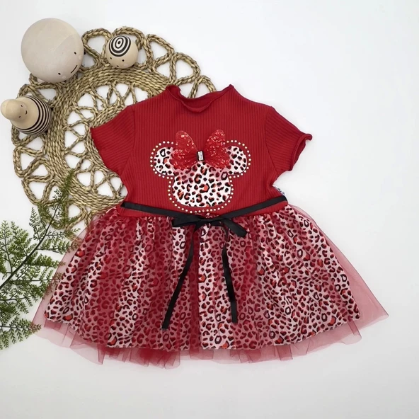 Eterelle 1-2-3 Yaş Fiyonklu Mickey Astarlı Etekli Kız Bebek Tütü Elbisesi Kırmızı