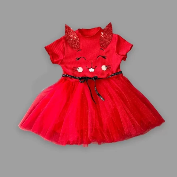 Eterelle 1-2-3 Yaş Payetli Kulak Tavşan Baskılı Kız Bebek Elbisesi Kırmızı