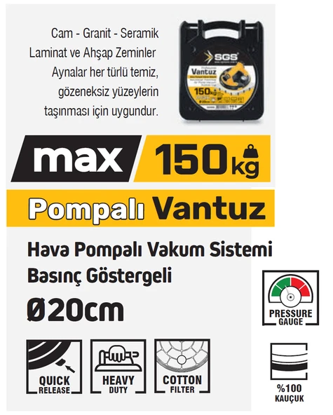 SGS958 - 150 KG Hava Pompalı Vakum Sistemli Saatli  Vantuz Çap 20cm - Cam - Granit - Seramik - Laminat ve Ahşap Taşıma - 2