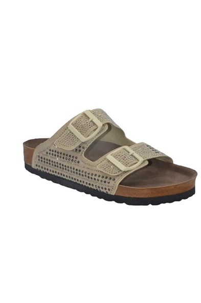 Bej Taşlı Çift Bant Kadın Terlik- MTM-0052 - 2