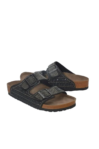 Siyah Taşlı Çift Bant Kadın Terlik- MTM-0052 - 3