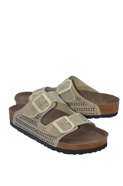 Bej Taşlı Çift Bant Kadın Terlik- MTM-0052 - 3