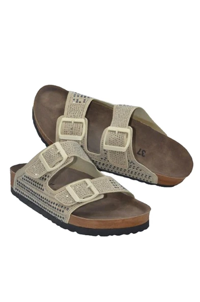 Bej Taşlı Çift Bant Kadın Terlik- MTM-0052 - 4