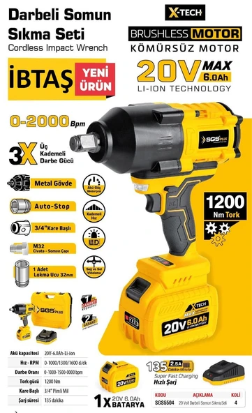 SGS5504 - 3/4 - 20 Volt 6 Amper 1200 Nm Tork Akülü Darbeli Somun Sıkma Sökme Makina Seti Tek Akülü - 2