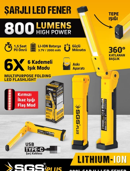 SGS5056 Şarjlı Led Fener 800 Lümen Katlanır 3.7 VOLT/ 2000 mAh - 2
