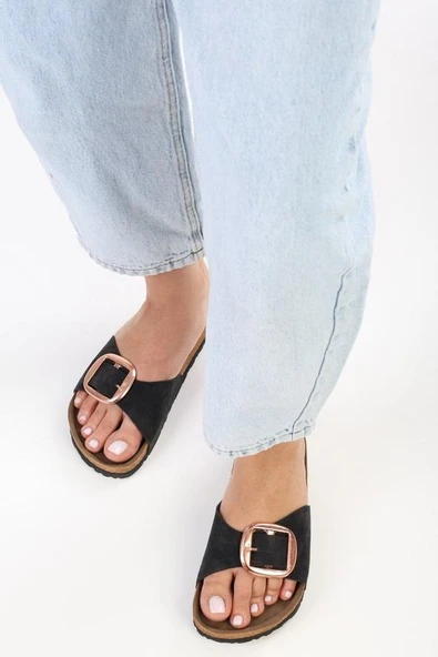 Siyah Nubuk Kadın Tek Toka Terlik - MTM-0053