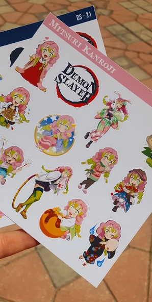 Demon Slayer-Mitsuri Kanroji-Obanai Iguro-parlak kağıt -2li sticker set- başarı etiket süsleme - 9