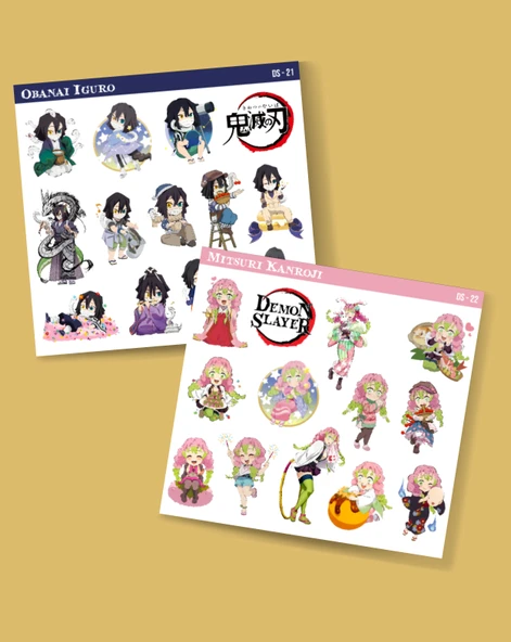 Demon Slayer-Mitsuri Kanroji-Obanai Iguro-parlak kağıt -2li sticker set- başarı etiket süsleme - 2