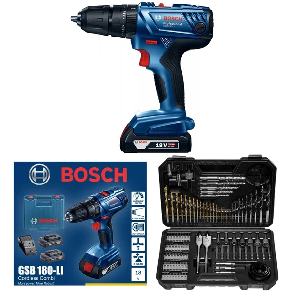 Bosch Gsb 180-LI 18V 2AH Çift Akülü Darbeli Akülü Vidalama Şarjlı Matkap + 103 Parça Matkap Ucu Seti Vidalama Ucu Seti