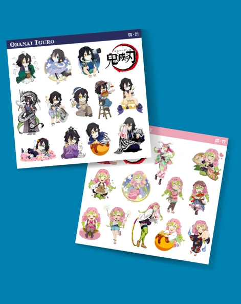 Demon Slayer-Mitsuri Kanroji-Obanai Iguro-parlak kağıt -2li sticker set- başarı etiket süsleme