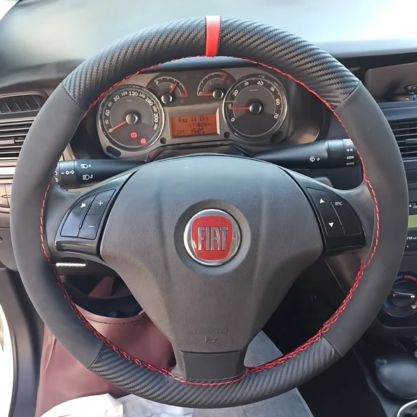 DİKİŞLİ DİREKSİYON KILIFI KARBON DERİ NUBUK DERİ KIRMIZI YÜZÜK KIRMIZI DİKİŞLİ FIAT LİNEA İÇİN - 1