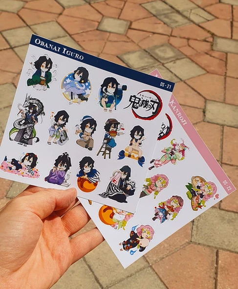 Demon Slayer-Mitsuri Kanroji-Obanai Iguro-parlak kağıt -2li sticker set- başarı etiket süsleme - 7