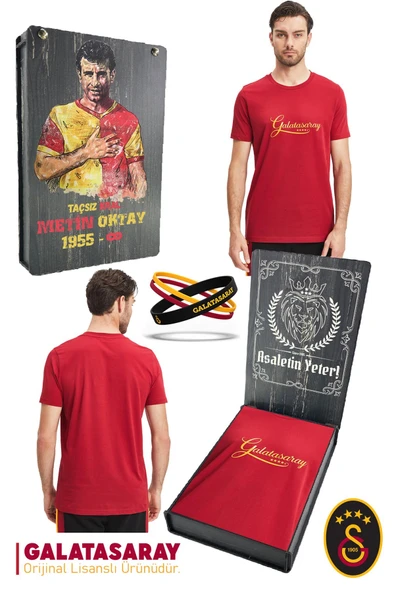Galatasaray Orijinal Lisanslı Kırmızı Erkek T-Shirt + Bileklik Set Hediyelik Ahşap Kutulu