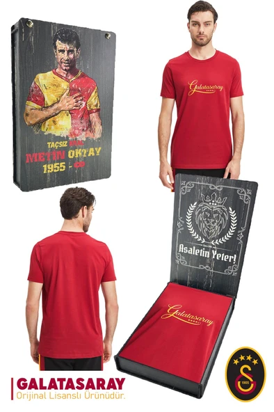 Galatasaray Orijinal Lisanslı Kırmızı Erkek T-Shirt Metin Oktay Baskılı Hediyelik Ahşap Kutulu