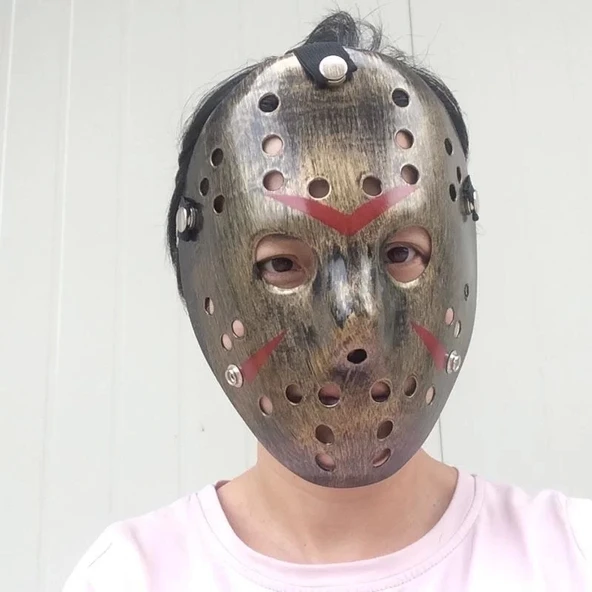 Bakır Renk Kırmızı Çizgili Tam Yüz Hokey Jason Maskesi Hannibal Maskesi - 4