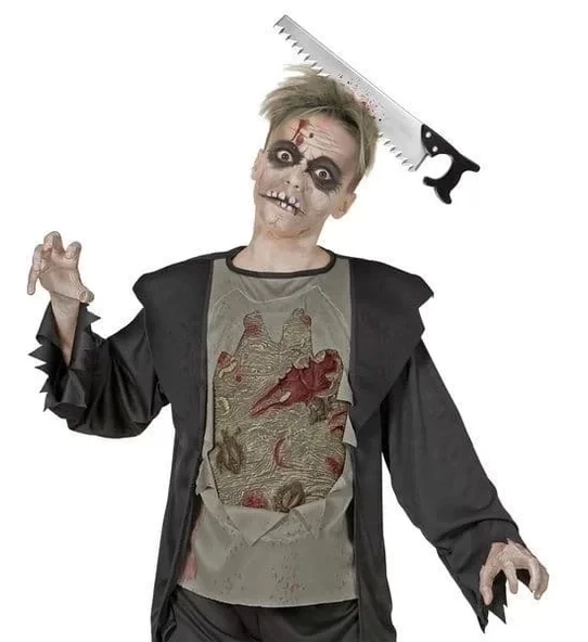 Kafaya Saplanmış Halloween Kanlı Testere Şaka Tacı - Resim 4