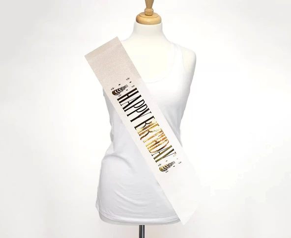 Beyaz Üzeri Altın Büyük Happy Birthday Yazılı Simli Işıltılı Kuşak Kemer 10 Cm Genişlik - Resim 2