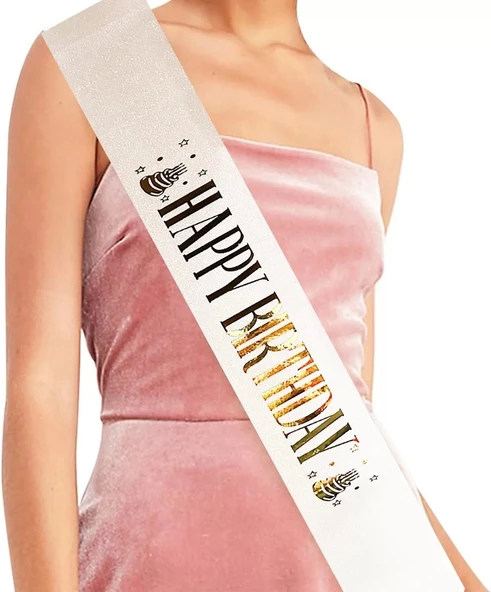 Beyaz Üzeri Altın Büyük Happy Birthday Yazılı Simli Işıltılı Kuşak Kemer 10 Cm Genişlik ürün görseli 1