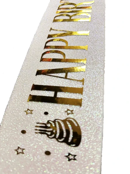 Beyaz Üzeri Altın Büyük Happy Birthday Yazılı Simli Işıltılı Kuşak Kemer 10 Cm Genişlik - Resim 3