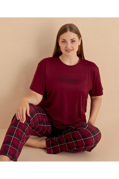 Bordo %100 Pamuklu Ekoseli Pijama Takımı