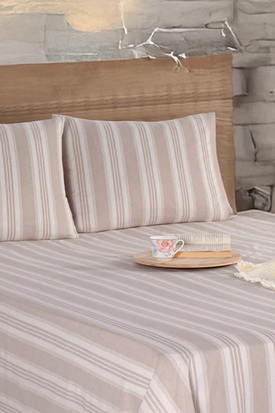 Upstyle Sport Çizgili Çarşaf + Yastık Kılıfı  Seti Tek Kişilik Soft Line Bej - Resim 2