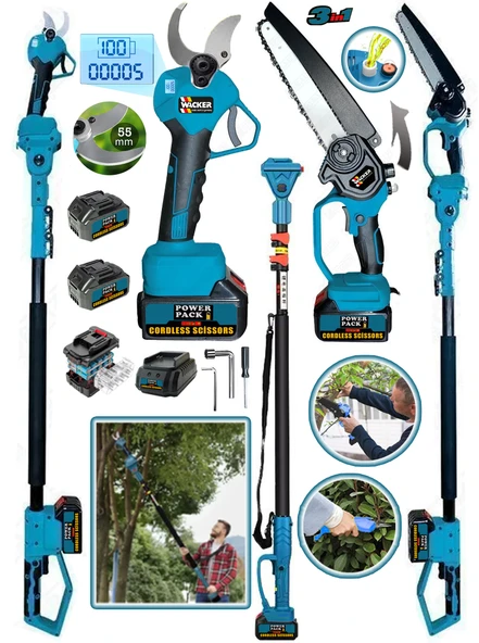 Wacker Pro 2 Akü 10 Pilli 3 lü Set Teleskopik + Yağ Pompalı Dal Ağaç Kesme + 55 mm Dijital Bağ Budama Makası